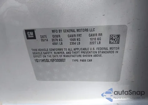 2014 Chevrolet Malibu 1Lz z USA, uszkodzony, nr VIN 1G11H5SL1EF300807